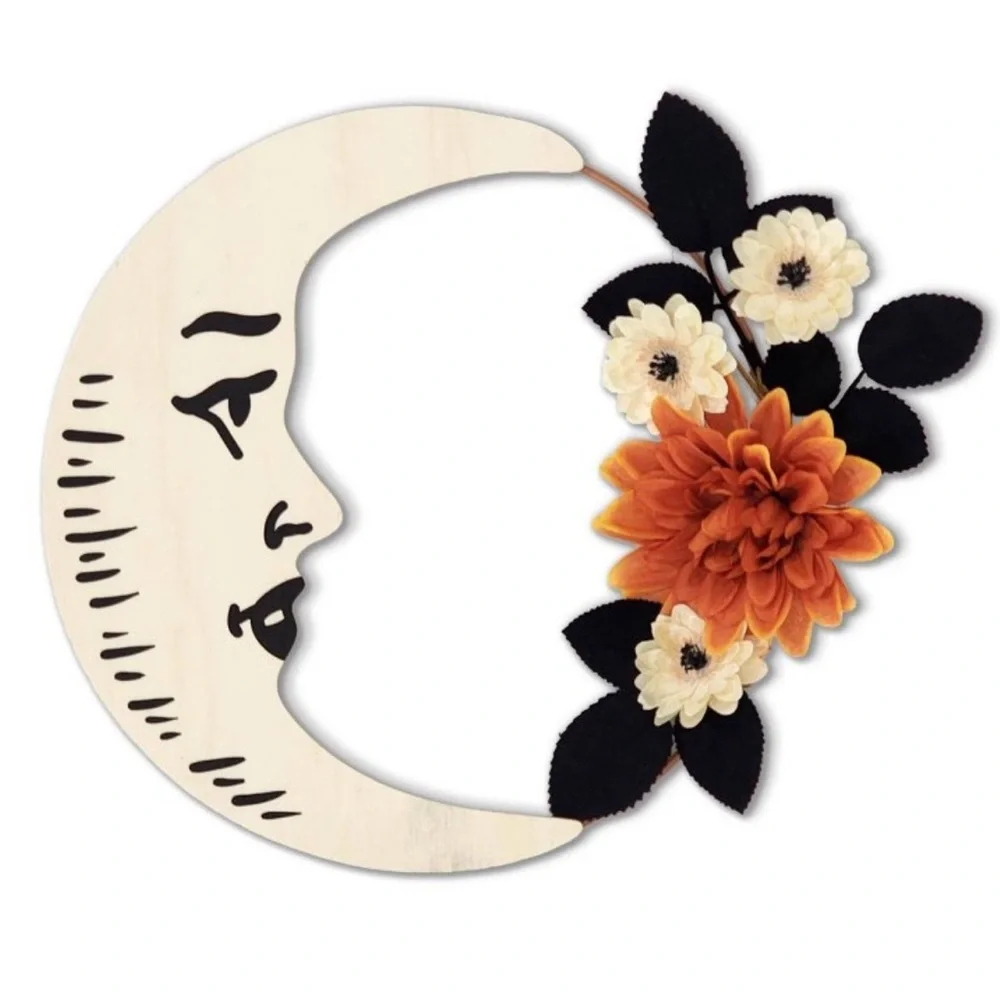 TARGET NWT Halloween novelty fall wreath moon with flowers
